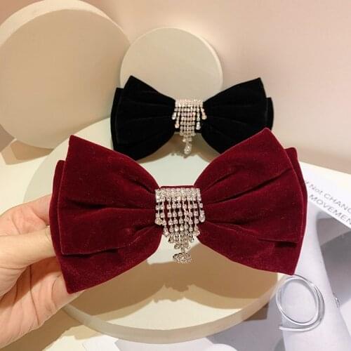 Retro Velvet Bow Hairpin Crystal Rhinestone Tassel Chain Hair Clips for Women Hairgrip Luxulry Jewelry Korean Hair Accessories