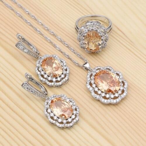 Vintage 925 Silver Jewelry Sets Champagne Cubic Zirconia White Crystal Pendant Necklace Ring Earrings For Women Gifts