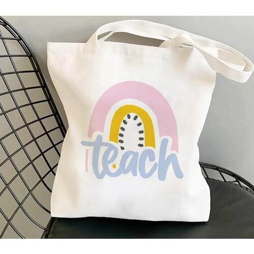 Teacher Book Storage Bags Shoulder Reusable Shopping Tote Canvas Women Bag Fun Rainbow Print Travel Students Large Capacity Bag