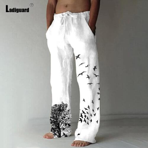 Ladiguard Plus Size Men Eleagnt Fashion Pants Casual Drawstring Loose Pocket DesignTrouser Mens Simple Birds Print Sweatpants