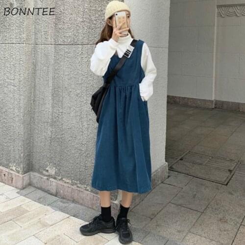 Womens Sets Turtleneck White Long Sleeve Tops Corduroy Vintage Mid-calf Loose High Waist Dress Korean Style Chic Fashion Casual