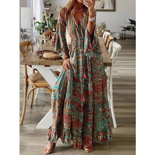 Vintage Women 2021 Autumn V Neck Party Dress Elegant Floral Printing Long Sleeve Ladies Dress Casual Loose Dress 3XL Streetwear