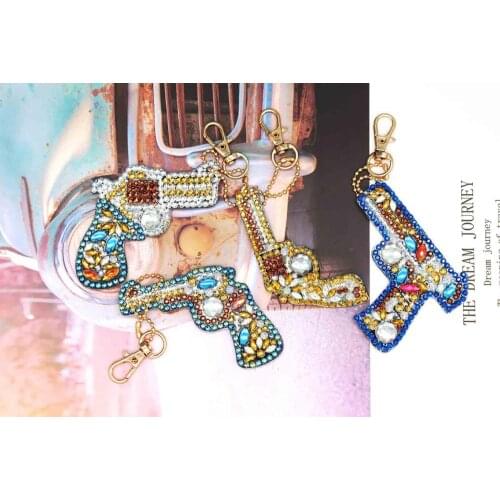4Pcs/set 5D DIY Diamond Painting Keychain Full Drill Cartoon Gun Rhinestone Painting Home Car Bag Hanging Pendant Decoration