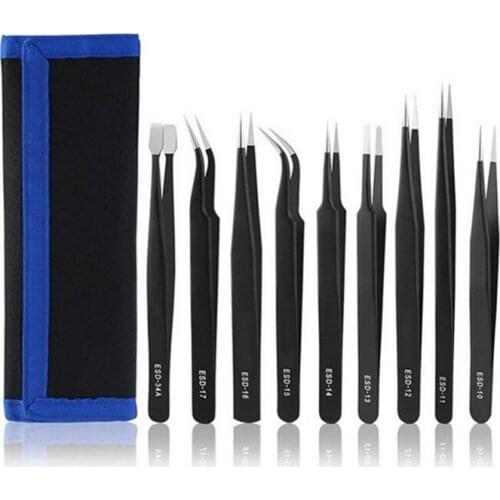 9PCS/Set Tweezers Anti-static Stainless Steel ESD Tweezers Kit with Curved Straight Flat Tip for Repairing Crafts Jewelry #30