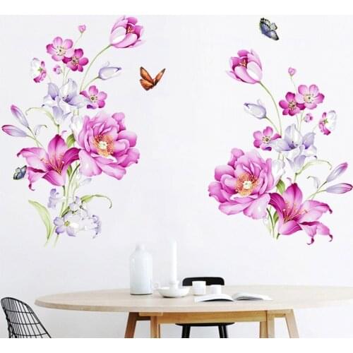 COVPAW Wall Stickers Peony Purple Pink Living Room Decorations Wallpaper Home Decor Wall Decals Bedroom Removable Mural Poster