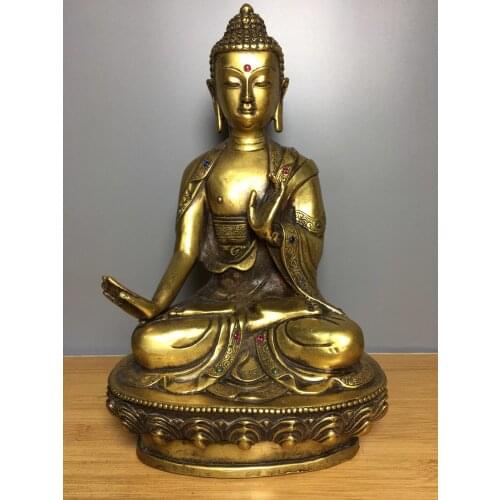 Home Decor 12" Tibet Buddhism Temple Old Bronze mosaic Gem Shakyamuni Buddha Statue Amitabha Enshrine the Buddha