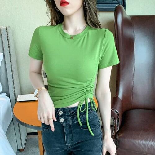 Side drawstring T-shirt 2021 New Korean Skinny Pure Cotton T-shirts Girls Ladies Sexy Top Basic Shirts Tee O neck T-shirt