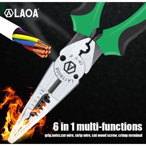 LAOA Multi Pliers Wire Stripper 0.7-4.0mm range 8 Inch Cr-V Crimping Tool 6 in 1 Long Nose Needle-nose Pliers Wire Cutter