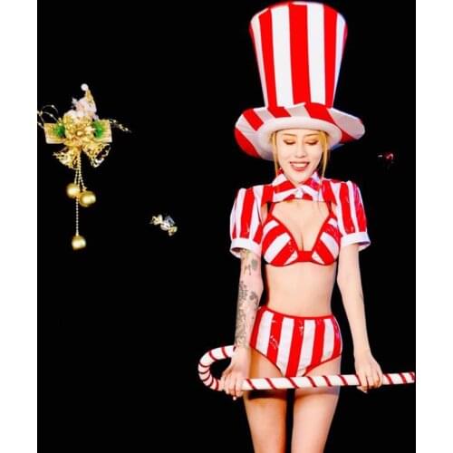 Red And White Striped Bikini Women Super Hat Nightclub Bar Dj Female Gogo Dance Wear Stage Show Outfit Christmas Costume VDB3142