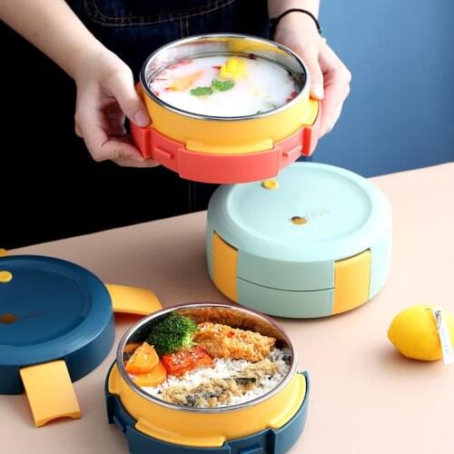 Lunch Box Stainless Steel Single Layer Round Food Container Portable Buckle Thermal Bento Box Gift Tableware School Children
