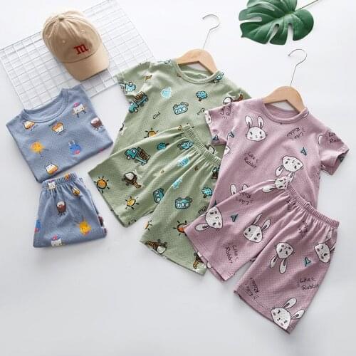 Summer Girls Cartoon Pajamas Sets Cotton Mesh Pyjamas Kids Boys Sleepwear Breathable Children Short Sleeve Clothing 2 4 6 8 10Y