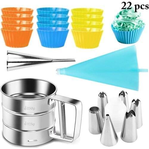 22Pcs Reusable Icing Piping Nozzles Set Pastry Bag Cake Decorating Tools Flower Cream Tips Flour Sieve Egg Tart Mould Baking Cup