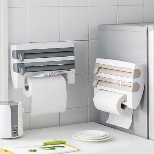 Wall-Mount Paper Towel Holder Sauce Bottle Rack Mutifunction Cling Film Barbecue Paper Cutting Holder 4 In 1 Kitchen Organizer