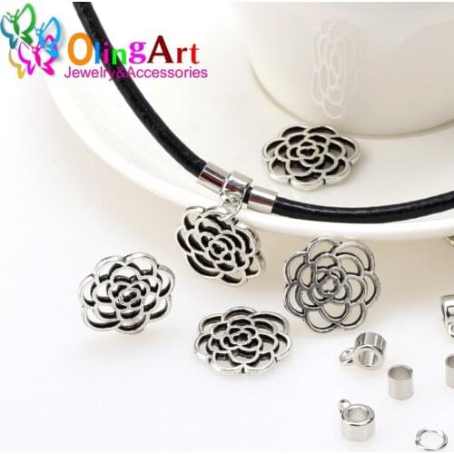 Olingart 12pcs/lot 16mm Flower Tree Charms Beads Antique Silver Color Spacer Beads Flower DIY necklace earring Jewelry making