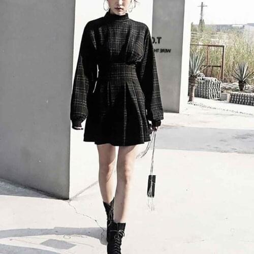 Autumn Winter One-Piece 2021 Women Vintage Mini Dress Long Sleeve Plaid A-lined Gothic Dress for Goth Retro High Waist Dresses