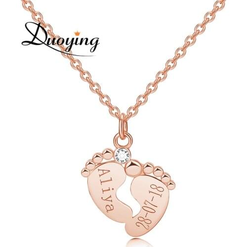 Duoying Newborn Necklace Feet Name and Birthday Date Baby Necklace with stone gift for newborn baby