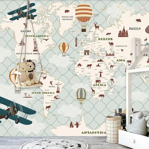 Dropship Custom Mural 3D Cartoon Animal Airplane Balloon World Map Photo Wallpaper for Kids Wallpaper Wall Papers Home Decor