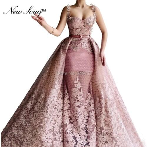 Pink Evening Dress Arabic Middle East Women Party Gowns 2019 Robe De Soiree Dubai Two Pieces Prom Dresses With Detachable Train