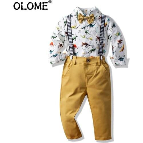 OLOME 2PCS Children Clothing Sets Gentleman Kid Boys Shirt+Susperders Pants Dinosaur Long Sleeve Shirt for Baby Toddler Garment