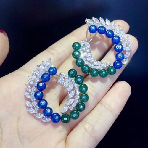 925 sterling silver with zircon stud earring circle green and blue color mixed fine women jewelry free shipping