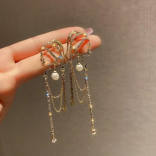 1Pairs Pearl Crystal Portrait Chain Tassel Earrings Vintage French Personality Exaggerated Earrings Women Jewelry Accessories
