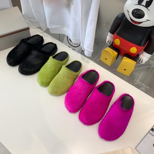 2021 New Women Slippers Round Toe Women Shoes Fur Slippers Woman Fashion Genuine Leather Flats Slippers Hot Sweet Shoes Woman