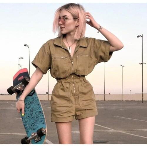 Streetwear Khaki Denim Casual Jumpsuit Women Short sleeve Pocket Bandage Button Loose Spring Female Jumpsuit 2021