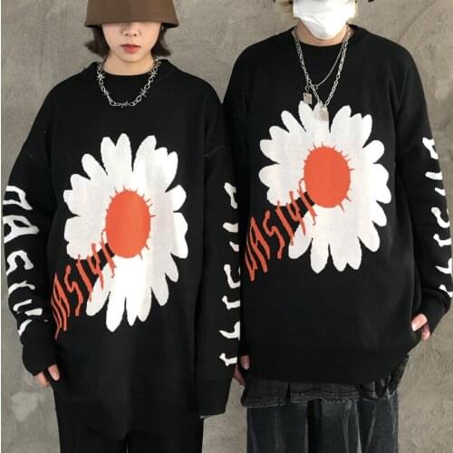 Harajuku Contrasting Oversized Sweater Womens Spring Casual Black Knit Pullover Floral Jacquard Sweater Winter 2021