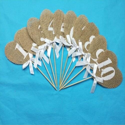 10 pieces Burlap Hearts Flags Wedding Table Numbers 1-10 Rustic Table Decoration Wedding Decoration AF230