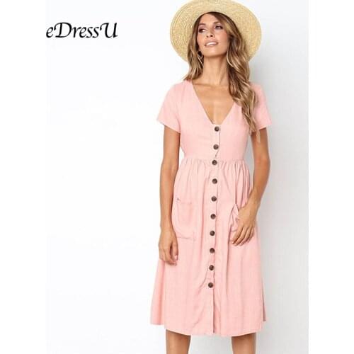9 Colors Pink Summer Dress White Elastic Short Sleeves Burgundy V Neck Buttons Daily Holiday Maxi Casual Dress eDressU CLX-0864