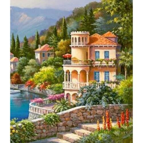 5D DIY Diamond Painting Landscape Painting Seaside Small Western House Picture Square Round Diamond Cross Stitch Decor WG2891