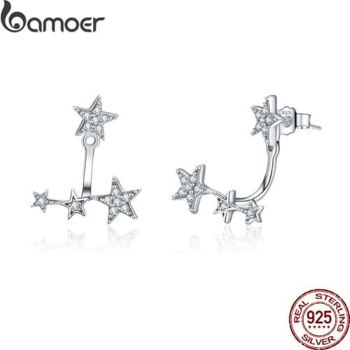 BAMOER Authentic 925 Sterling Silver Clear CZ Luminous Ear Jackets Earrings for Women Silver 925 Women Girl Gifts Jewelry SCE448
