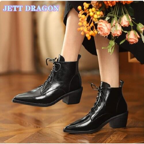 Fashion Leather Ankle Boots Women Spike High Heels Western Boots Lace Up Pointed Toe Autumn Winter Ladies Shoes