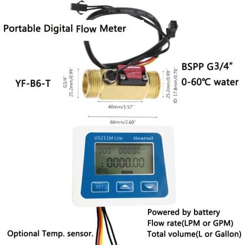 US211M Lite Digital Flow Meter Total Flow Counter with Flow Sensor YA-B6-T G3/4" brass DN20 low power consumption G3/4"