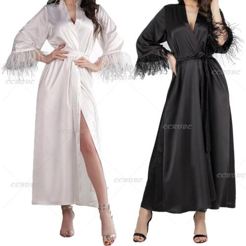 Women Feather Robe Sleeves Satin Silk Boudoir Bride Bathrobe Wedding Dressing Gown Sexy V-neck Sleepwear Photoshoot Dress
