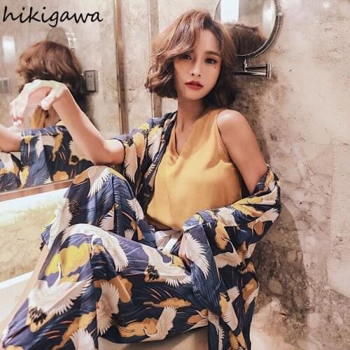 Hikigawa 2021 Pajama Set Women Summer Robe Set Korean Print Pantsuits Vintage Home Clothes Pyjama Pour Femme Nightwear Suit