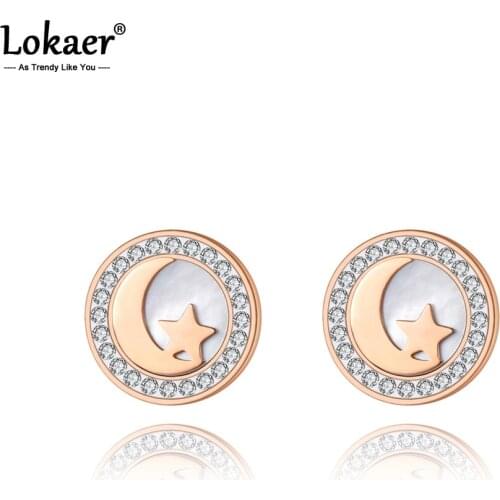 Lokaer Trendy Titanium Stainless Steel Love Moon Star Earrings For Women Girls Ctystal White Shell Stud Earrings Jewelry E19198