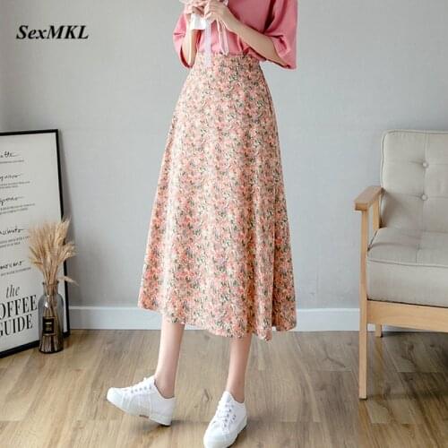 Fashion Chiffon Long Summer Skirts 2021 Korean Elegant Floral Printed A Line Skirt Women Slim Casual Mid Length High Waist Skirt