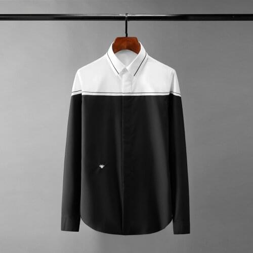 Minglu Bee Embroidery Male Shirts High Quality Long Sleeve Black White Splicing Mens Dress Shirts Fashion Slim Fit Man Shirts