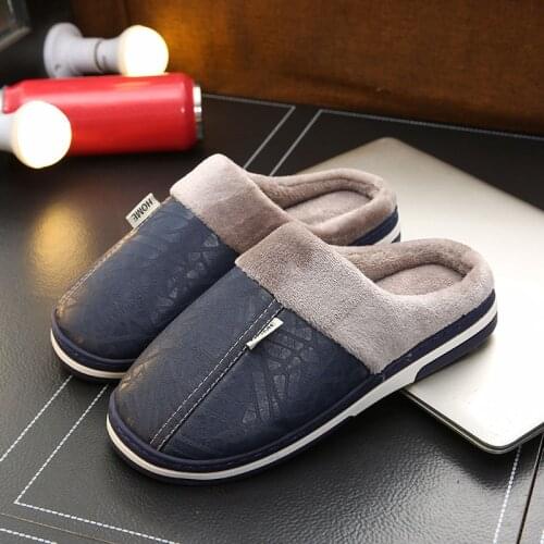 Leather Slippers Men Winter Warm Home Couple Indoor Non-slip Cotton Slippers Womens PU Leather Waterproof Thick-soled Slippers
