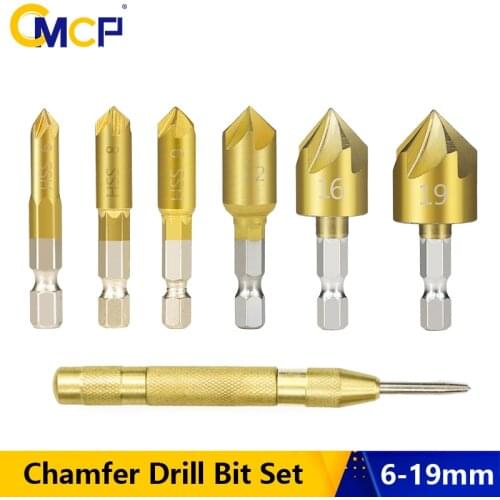 CMCP Chamfer Drill Bit Set 90 Degree Countersink Drill Bit 6-19mm Wood Chamfering Cutter With Center Punch Wood Cutter Tool