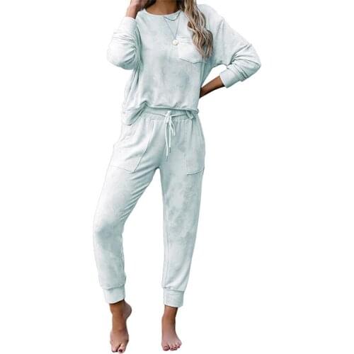 Autumn Winter Home Pajama 2 Piece Set For Women Long Sleeve O-neck Tie Dye Pajamas Woman Casual Loose Pocket Home Sleepwear