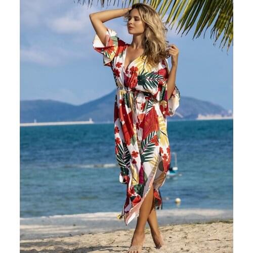 Sexy Bikini Cover-ups Cotton Tunic Boho Printed Summer Beach Dress Elegant Women Plus Size Beach Wear Swim Suit Cover Up Q1115