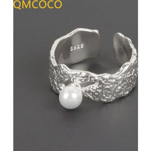 QMCOCO 925 Silver Korean Simple Classic Pearl Wide Ring Vintage Woman INS Trendy Handmade Open Adjustable Fashion Jewelry Gifts