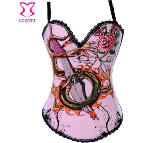 Sword and Dragon Pattern Pink Gothic Corset Sexy Overbust Corselete Feminino Espartilhos Korsett For Women Push Up Bustier Top