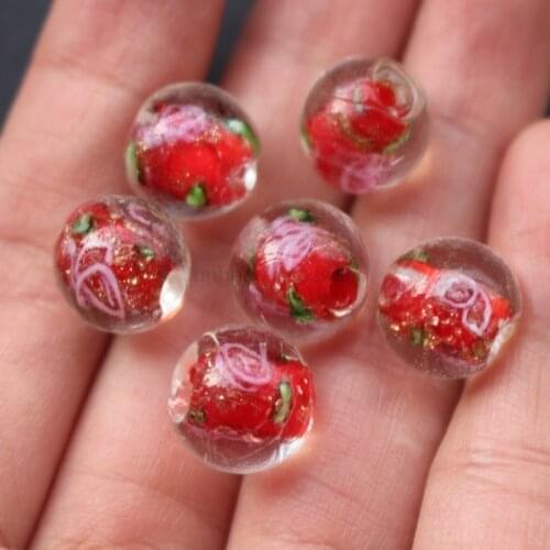 20Pieces/Lot 12mm Handmade Lampwork Glass Beads Flower Beads With Leaf Red color with shinning dust jewelry making