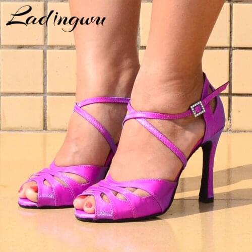 Ladingwu Latin Dance Shoes Small Opening Women Salsa Party Ballroom Dance Shoes Cationic Chameleon Symphony Flash Satin