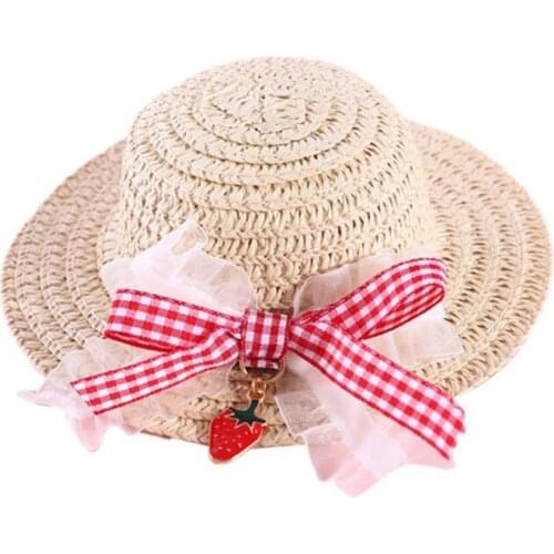 Spring Cats Dogs Pets Sunshade Cap Woven Straw Hat For Cat Sun Hat Summer Bowknot Daily Decor Sunhat #7
