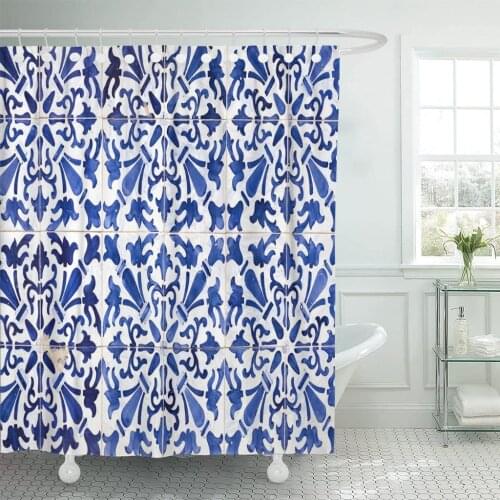 Blue Vintage Traditional Ornate Portuguese Tiles Azulejos Colorful Ceramic Shower Curtain Waterproof Fabric 60 x 72 Inches Set