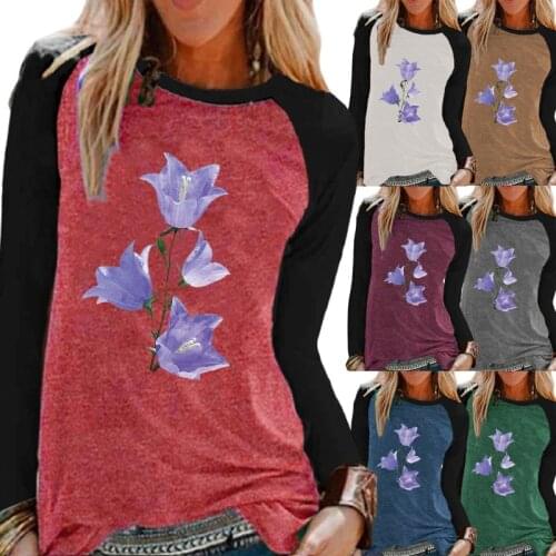 Womens Autumn Casual Round Neck Loose Flowers Print Long-sleeved Shirt Womens Raglan Sleeves Plus Size T-shirt